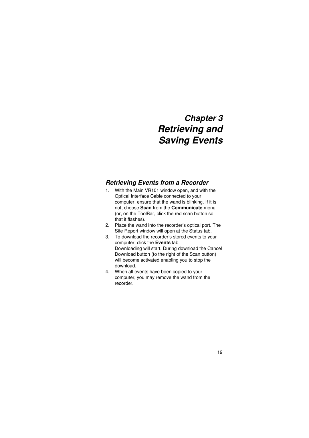 Fluke VR101S manual Retrieving Saving Events, Retrieving Events from a Recorder 