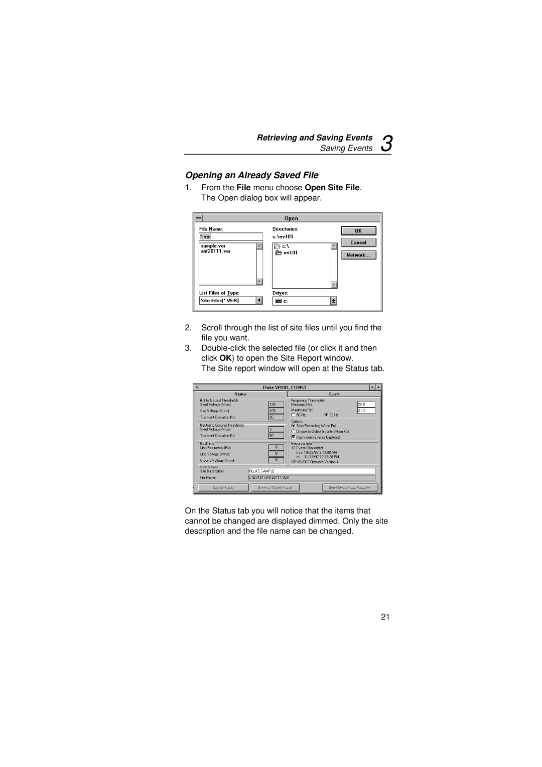 Fluke VR101S manual Opening an Already Saved File 