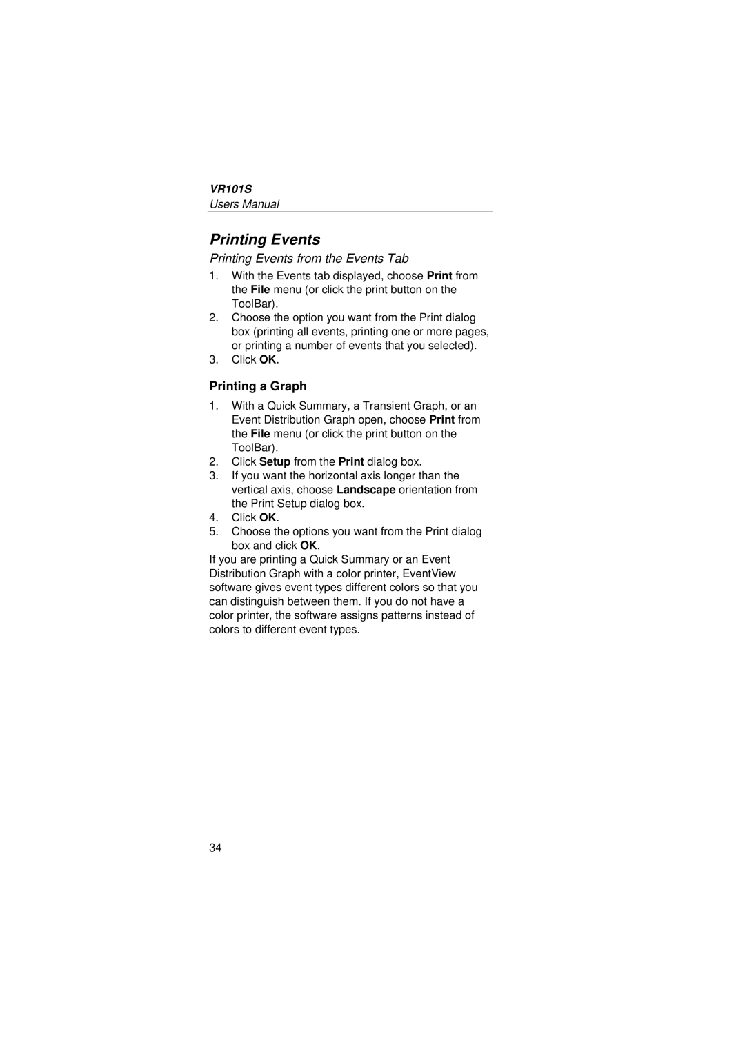 Fluke VR101S manual Printing Events from the Events Tab 