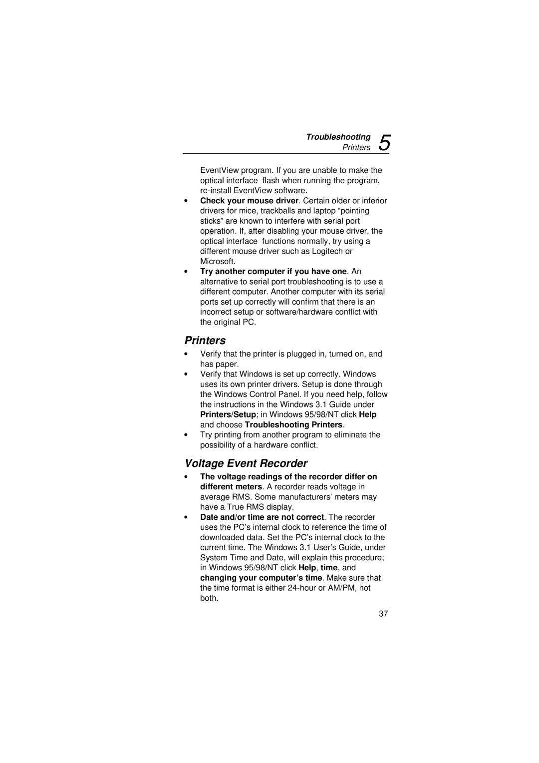 Fluke VR101S manual Printers, Voltage Event Recorder 