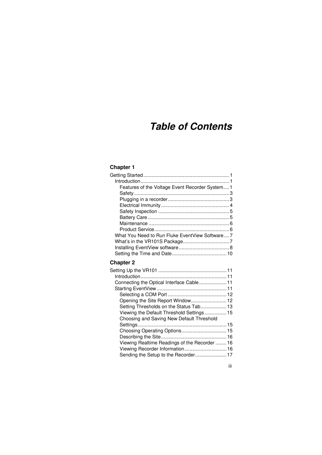 Fluke VR101S manual Table of Contents 