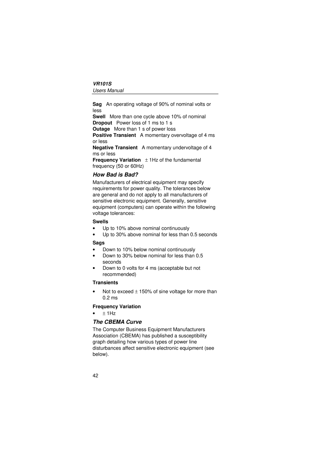 Fluke VR101S manual How Bad is Bad?, Cbema Curve 