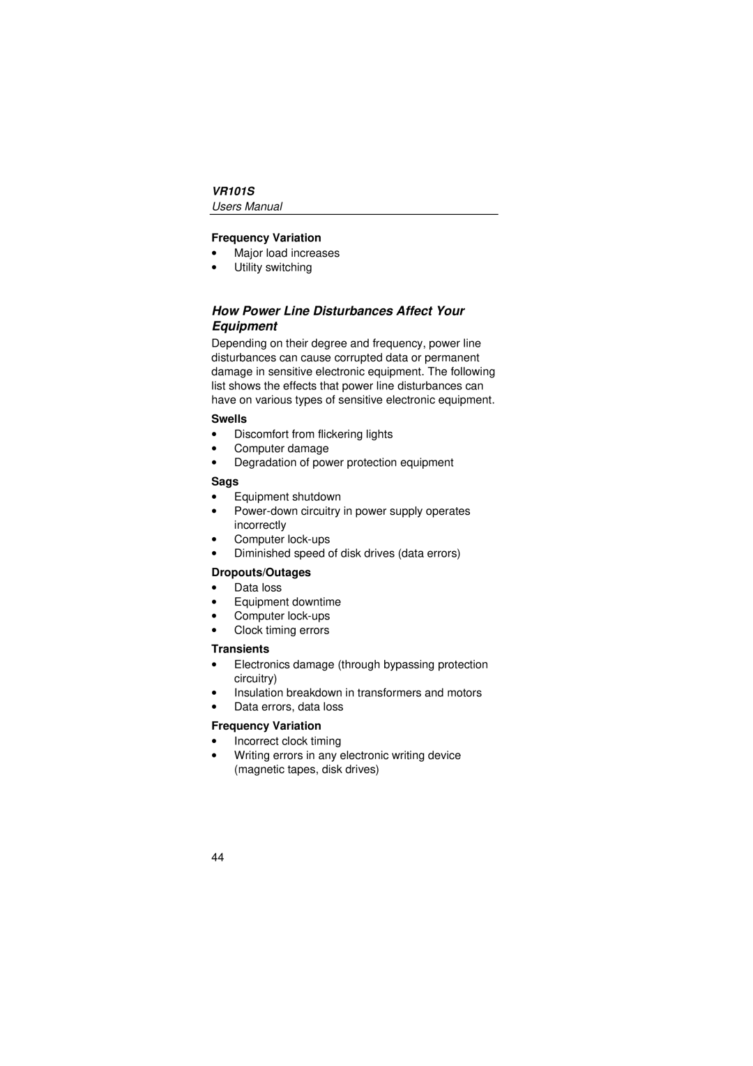 Fluke VR101S manual How Power Line Disturbances Affect Your Equipment 