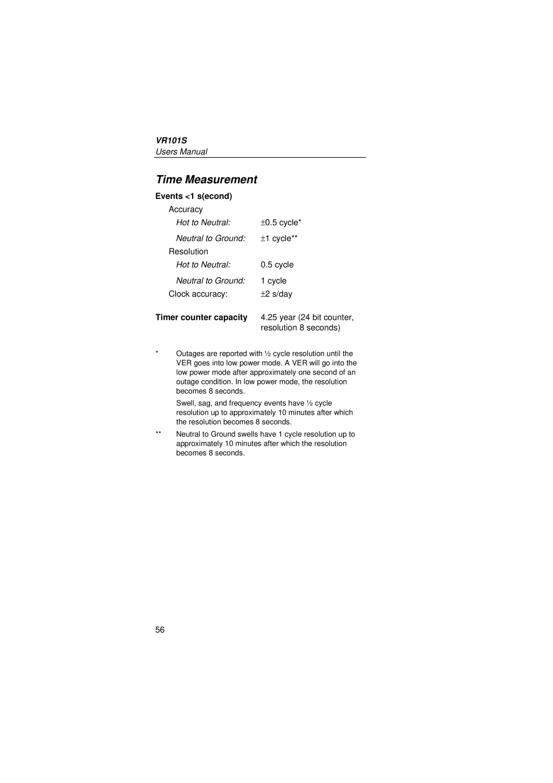 Fluke VR101S manual Time Measurement, Events 1 second 