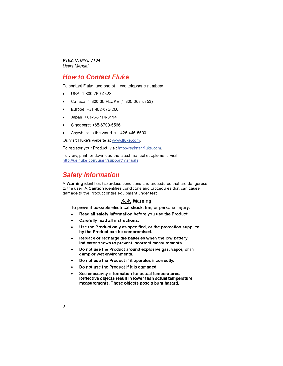 Fluke VT04A, VT02 user manual How to Contact Fluke, Safety Information 