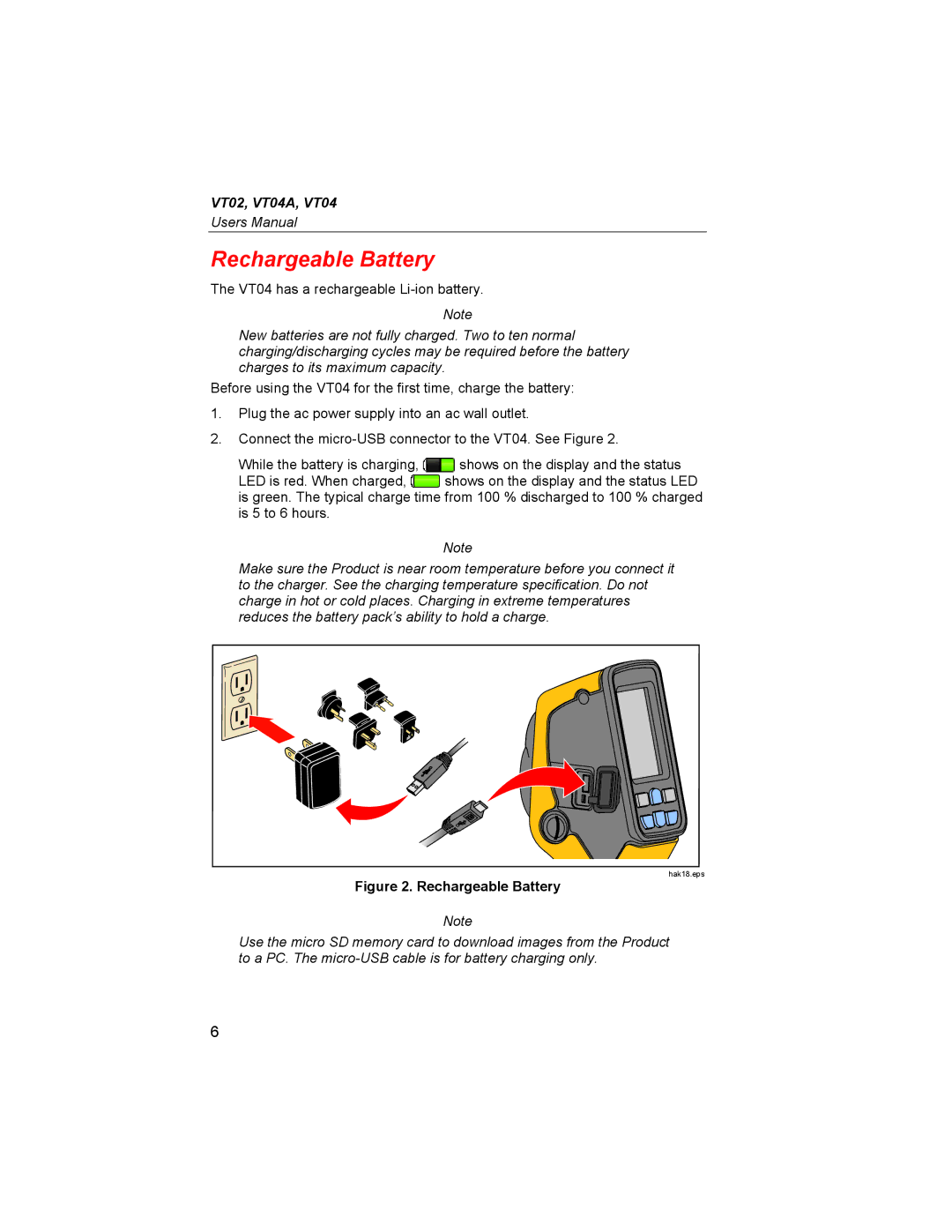 Fluke VT02, VT04A user manual Rechargeable Battery 