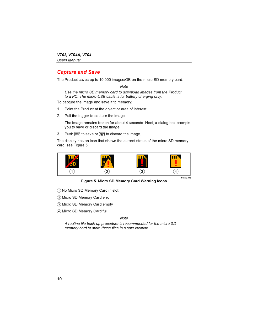 Fluke VT04A, VT02 user manual Capture and Save, Micro SD Memory Card Warning Icons 