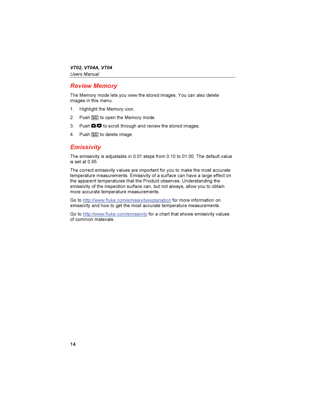 Fluke VT04A, VT02 user manual Review Memory, Emissivity 