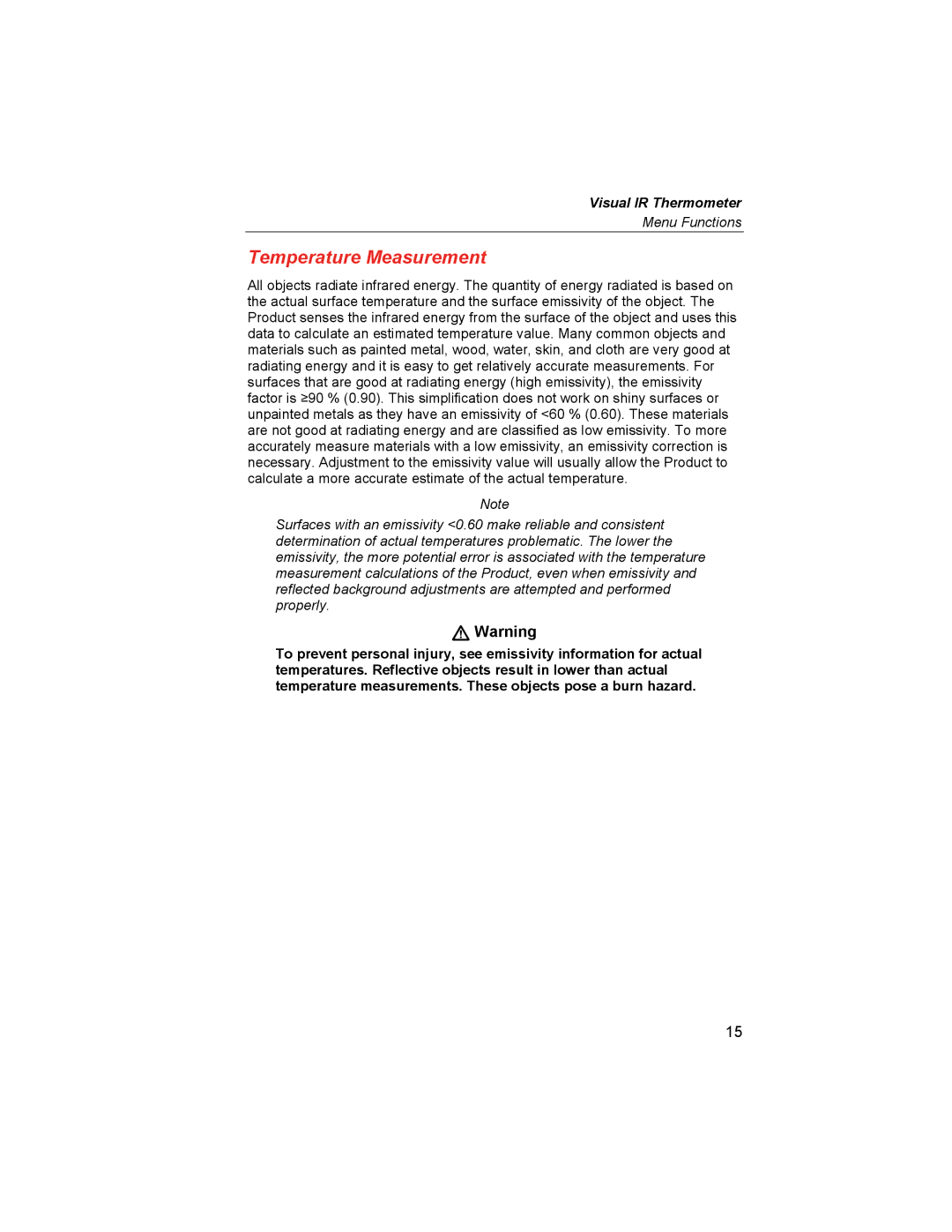 Fluke VT02, VT04A user manual Temperature Measurement,  Warning 