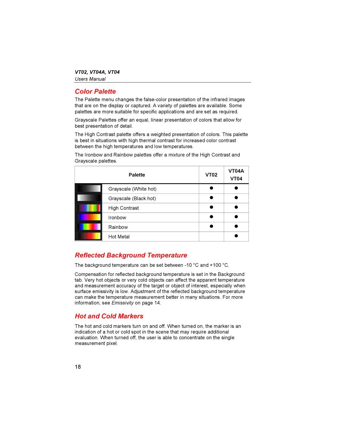 Fluke VT02, VT04A user manual Color Palette, Reflected Background Temperature, Hot and Cold Markers 