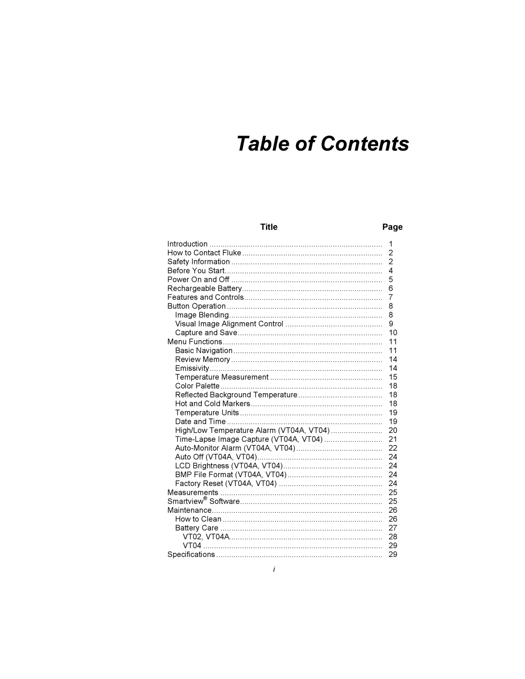 Fluke VT04A, VT02 user manual Table of Contents 