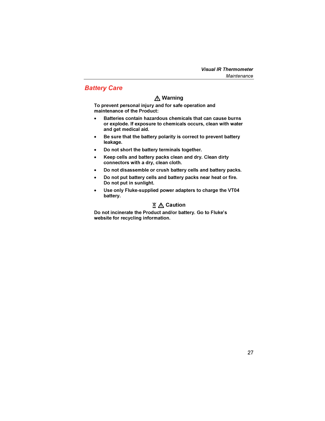 Fluke VT02, VT04A user manual Battery Care,   Caution 