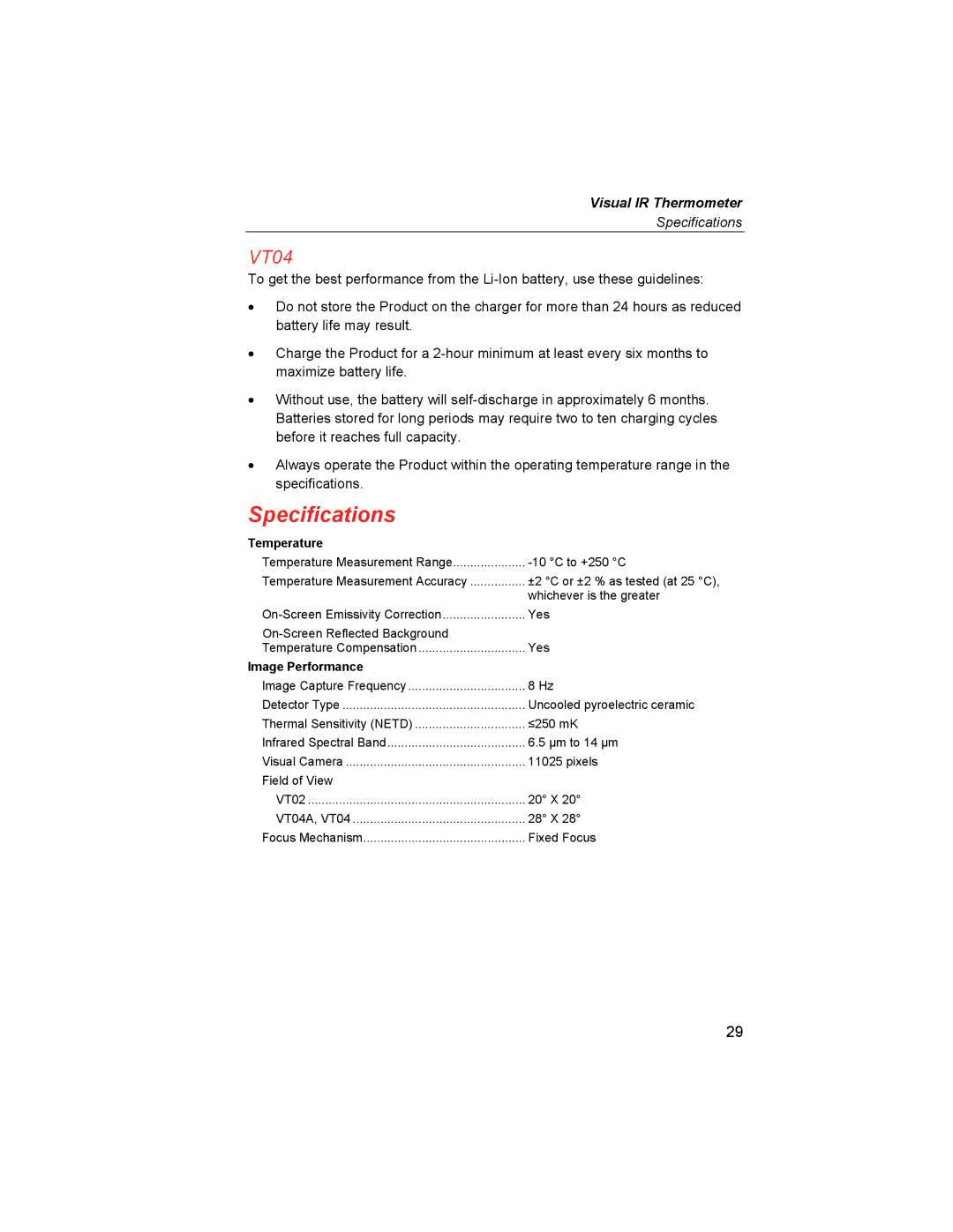 Fluke VT04A, VT02 user manual Specifications 