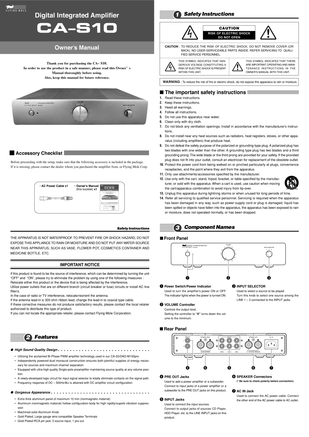 Flying Mole CAS10 owner manual Safety Instructions, Component Names, Features 