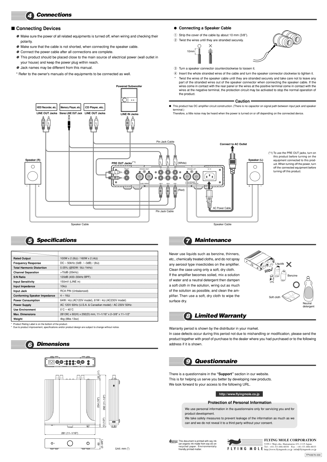 Flying Mole CAS10 owner manual Connections, Specifications, Maintenance, Dimensions 