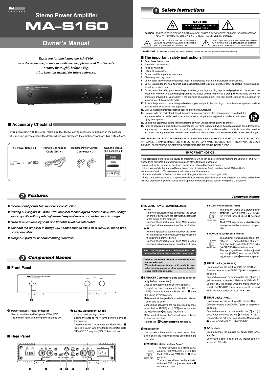 Flying Mole MAS160 owner manual Safety Instructions, Features, Component Names 