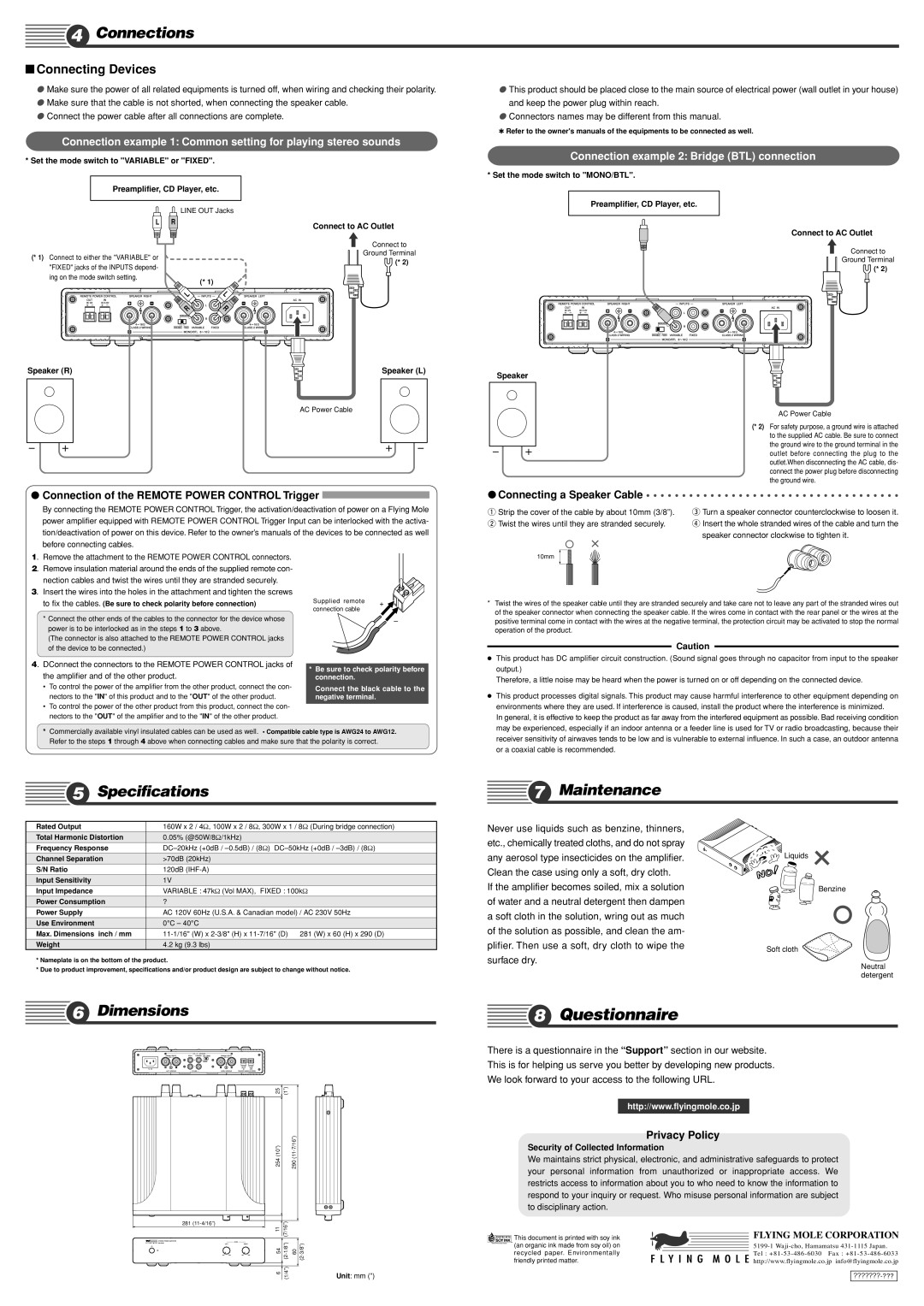 Flying Mole MAS160 owner manual Connections, Specifications, Maintenance, Dimensions, Connecting Devices 