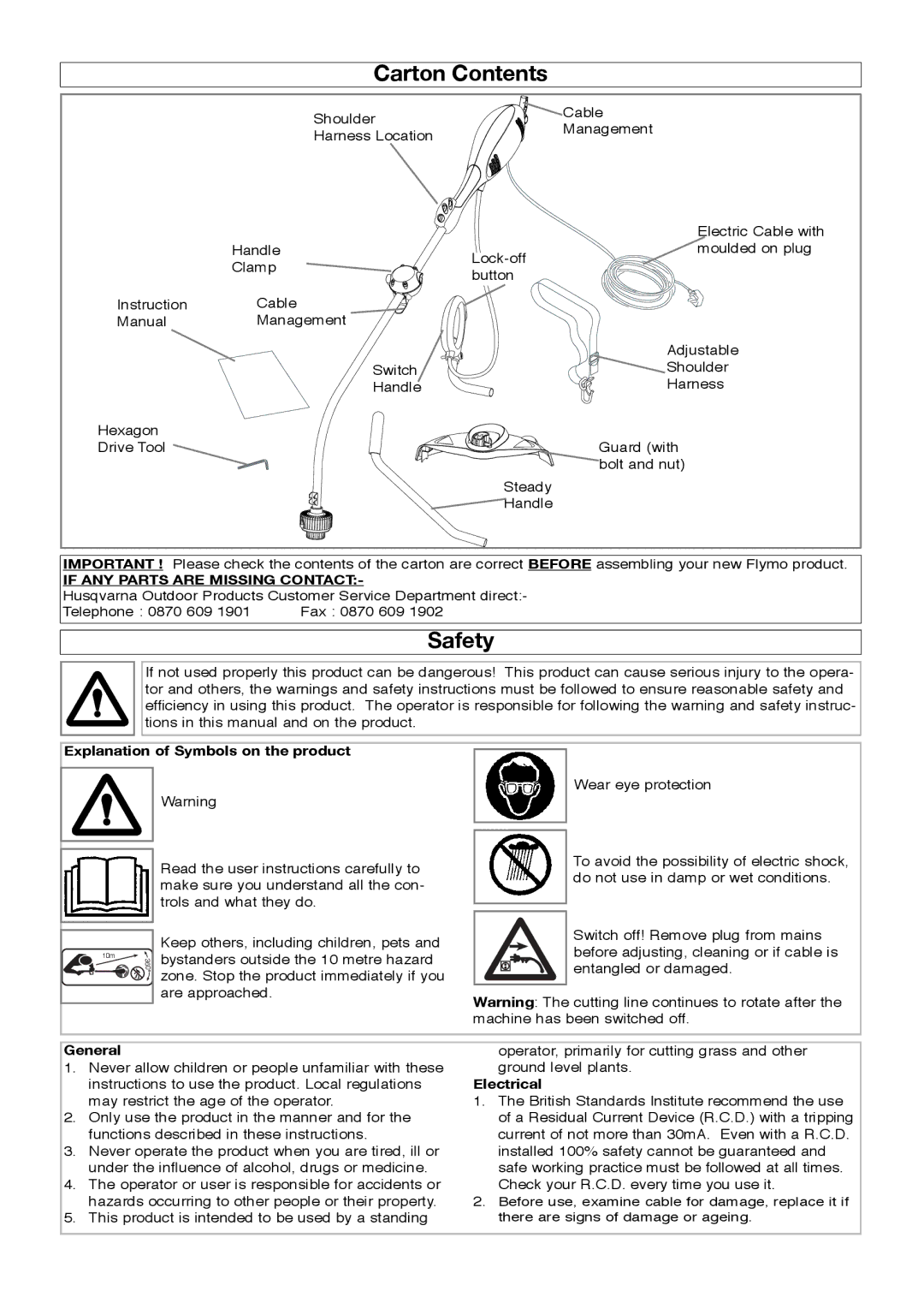 Flymo 1000XT manual Carton Contents, Safety 