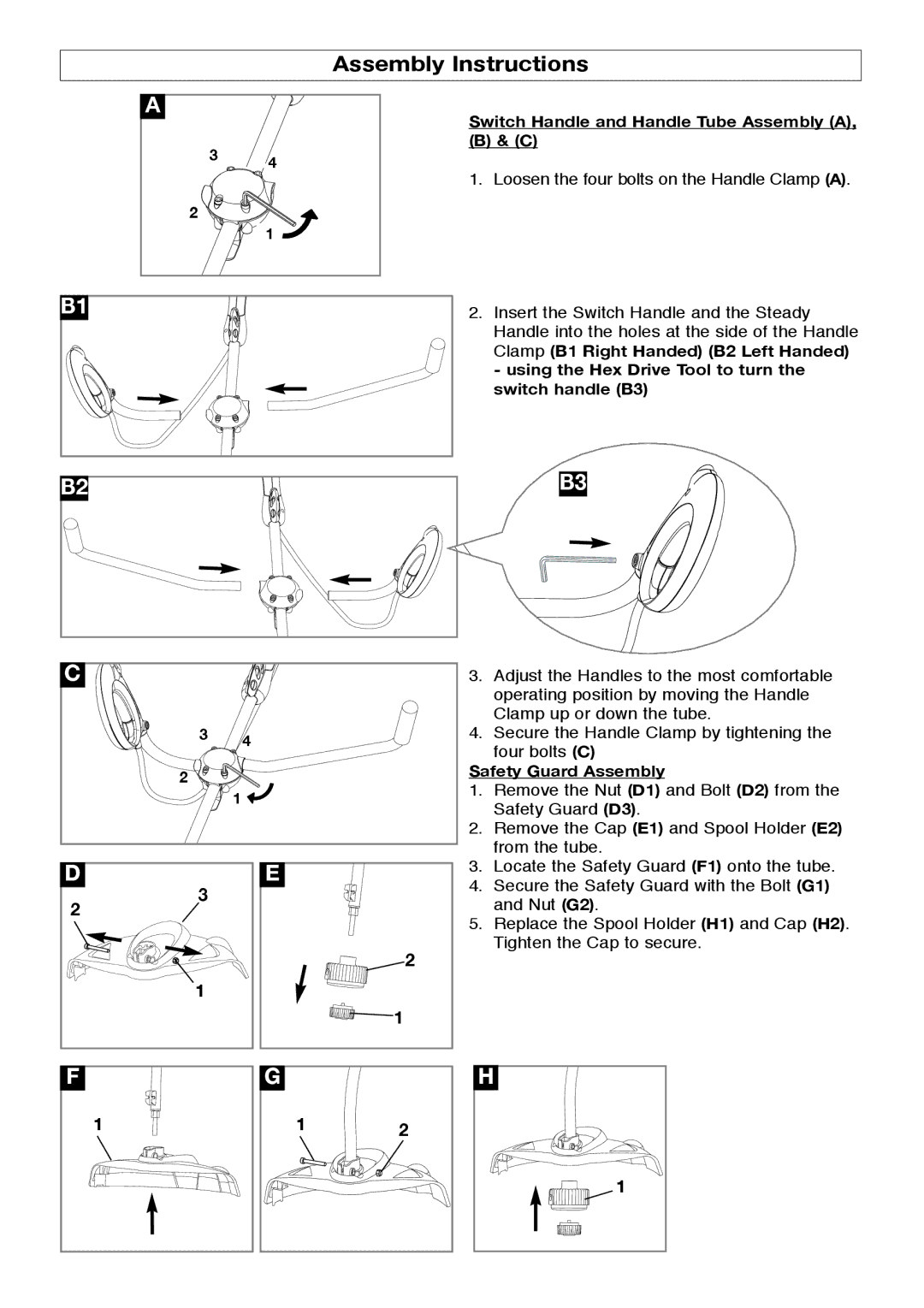 Flymo 1000XT manual Assembly Instructions, Switch Handle and Handle Tube Assembly a, Safety Guard Assembly 