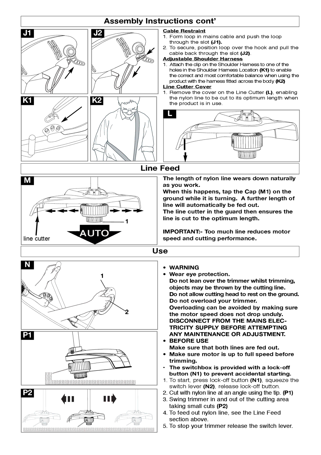 Flymo 1000XT manual Assembly Instructions cont’, Line Feed, Use 