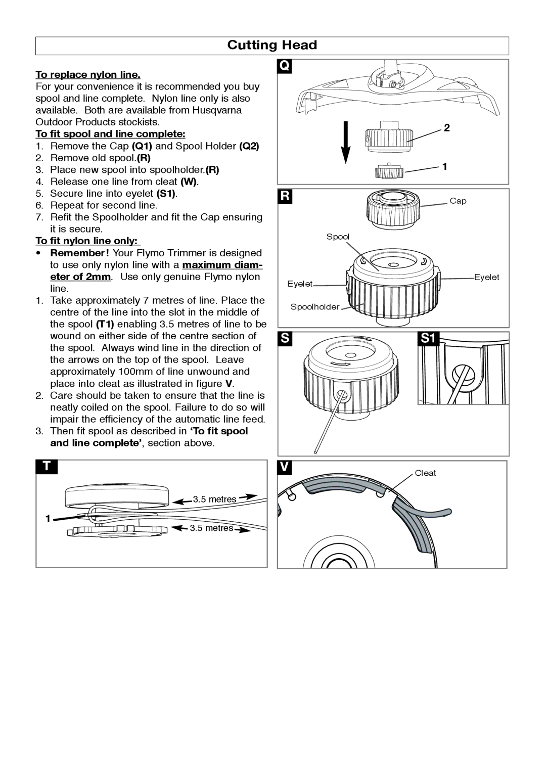 Flymo 1000XT manual Cutting Head, To replace nylon line, To fit spool and line complete, To fit nylon line only 