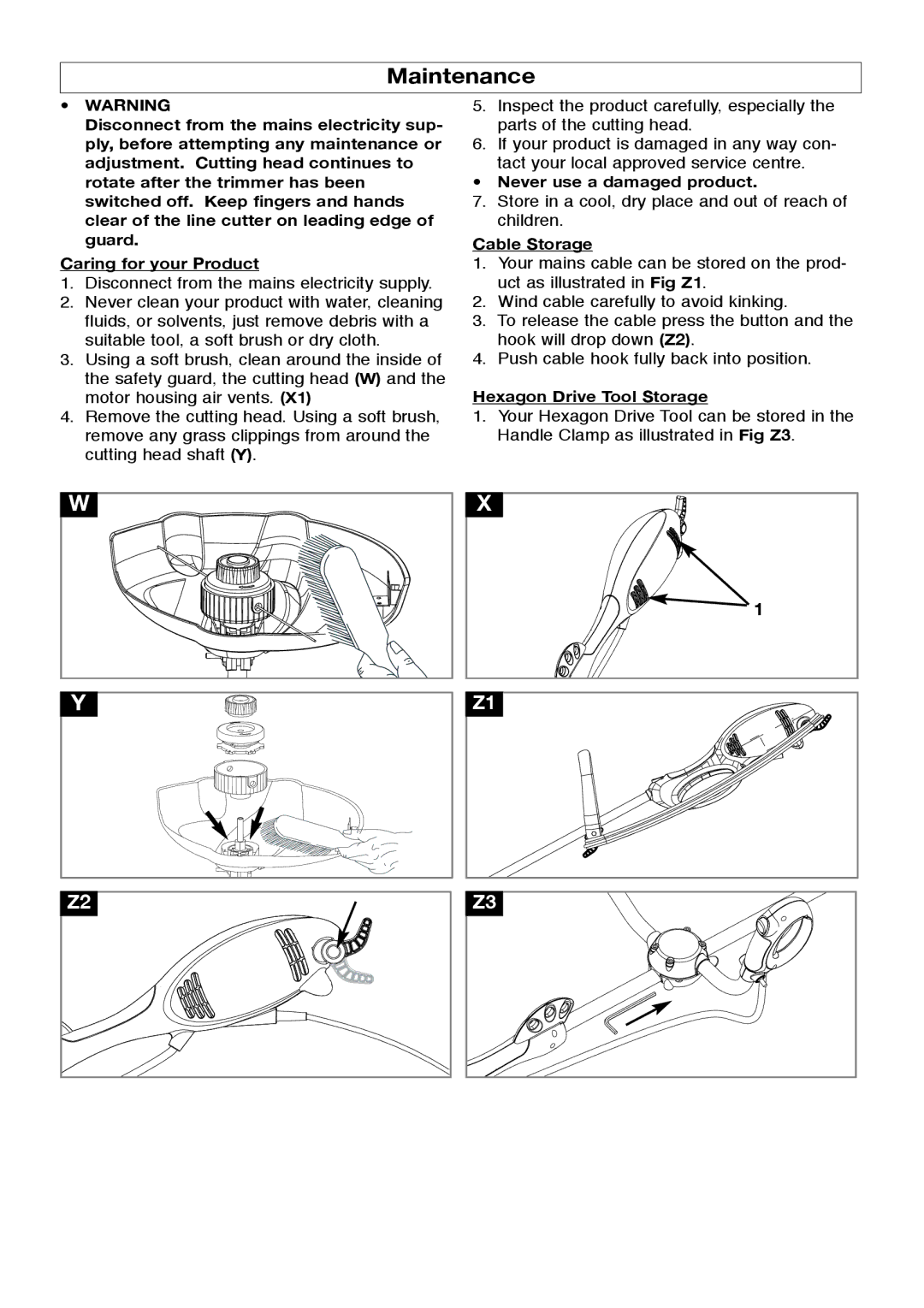 Flymo 1000XT manual Maintenance, Never use a damaged product, Cable Storage, Hexagon Drive Tool Storage 