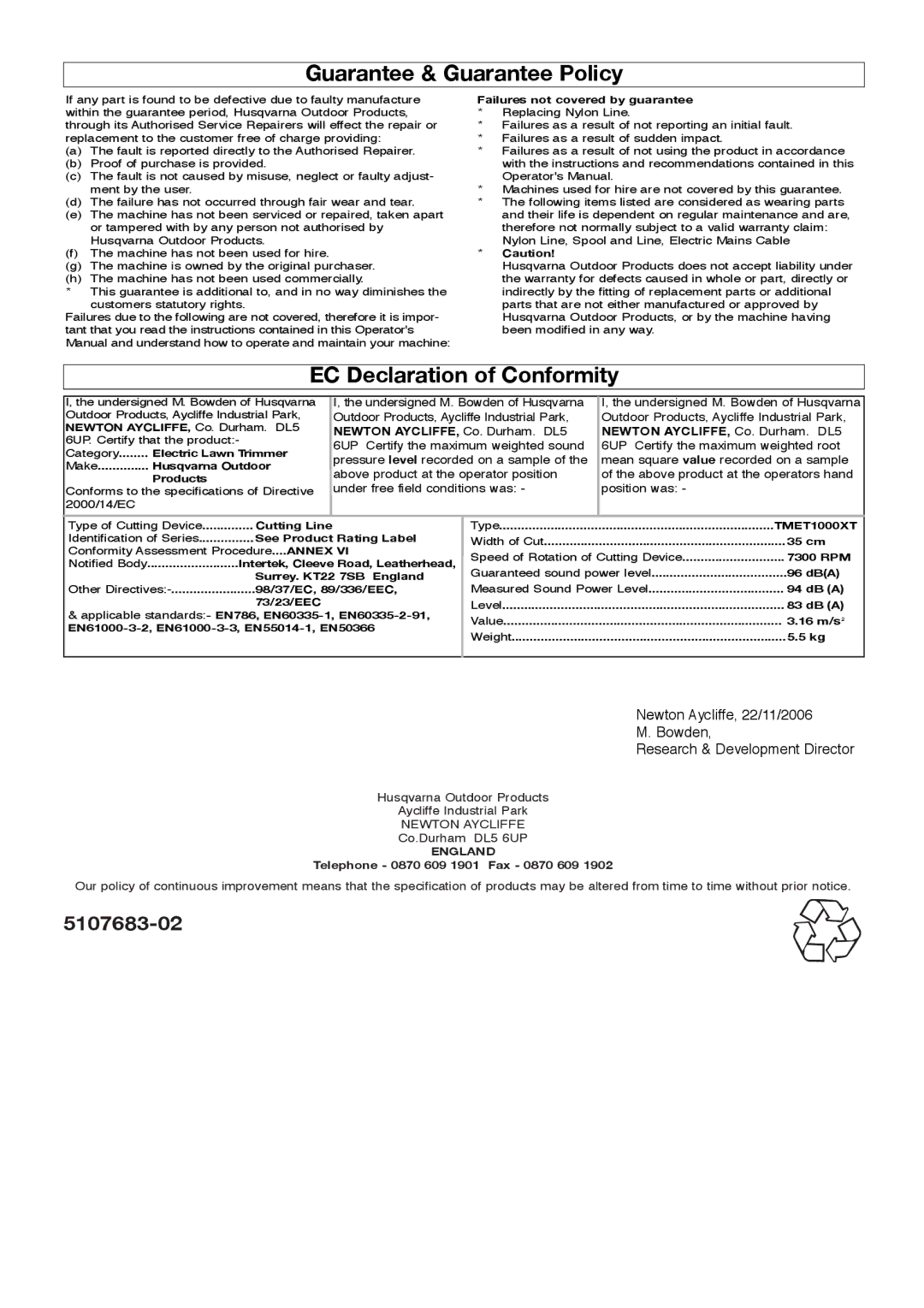 Flymo 1000XT manual Guarantee & Guarantee Policy, EC Declaration of Conformity 