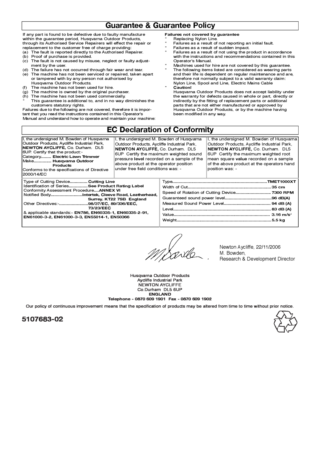 Flymo 1000XT manual Guarantee & Guarantee Policy, EC Declaration of Conformity, 5107683-02, Co.Durham DL5 6UP 