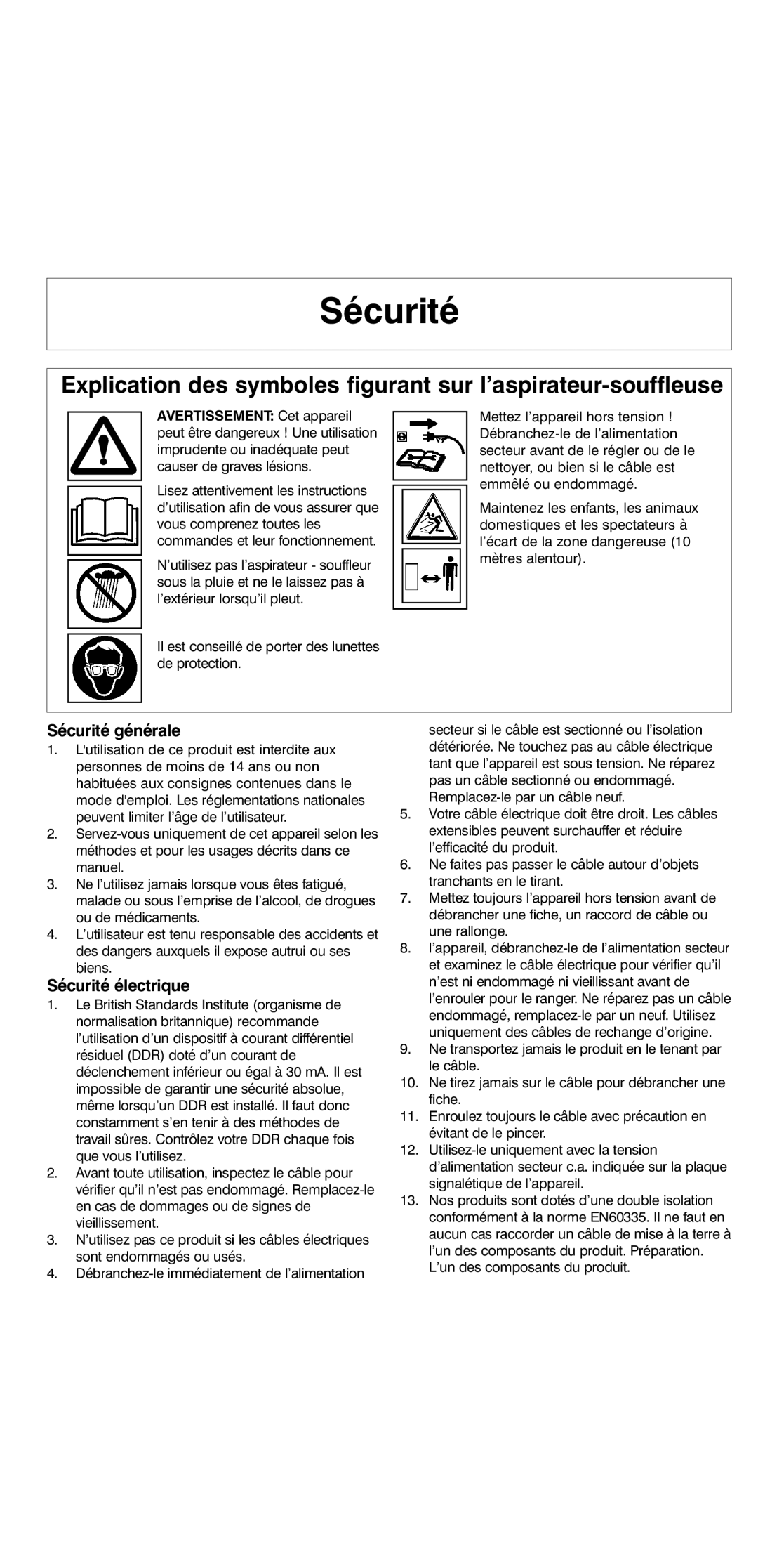 Flymo 2000 instruction manual Sécurité générale, Sécurité électrique 