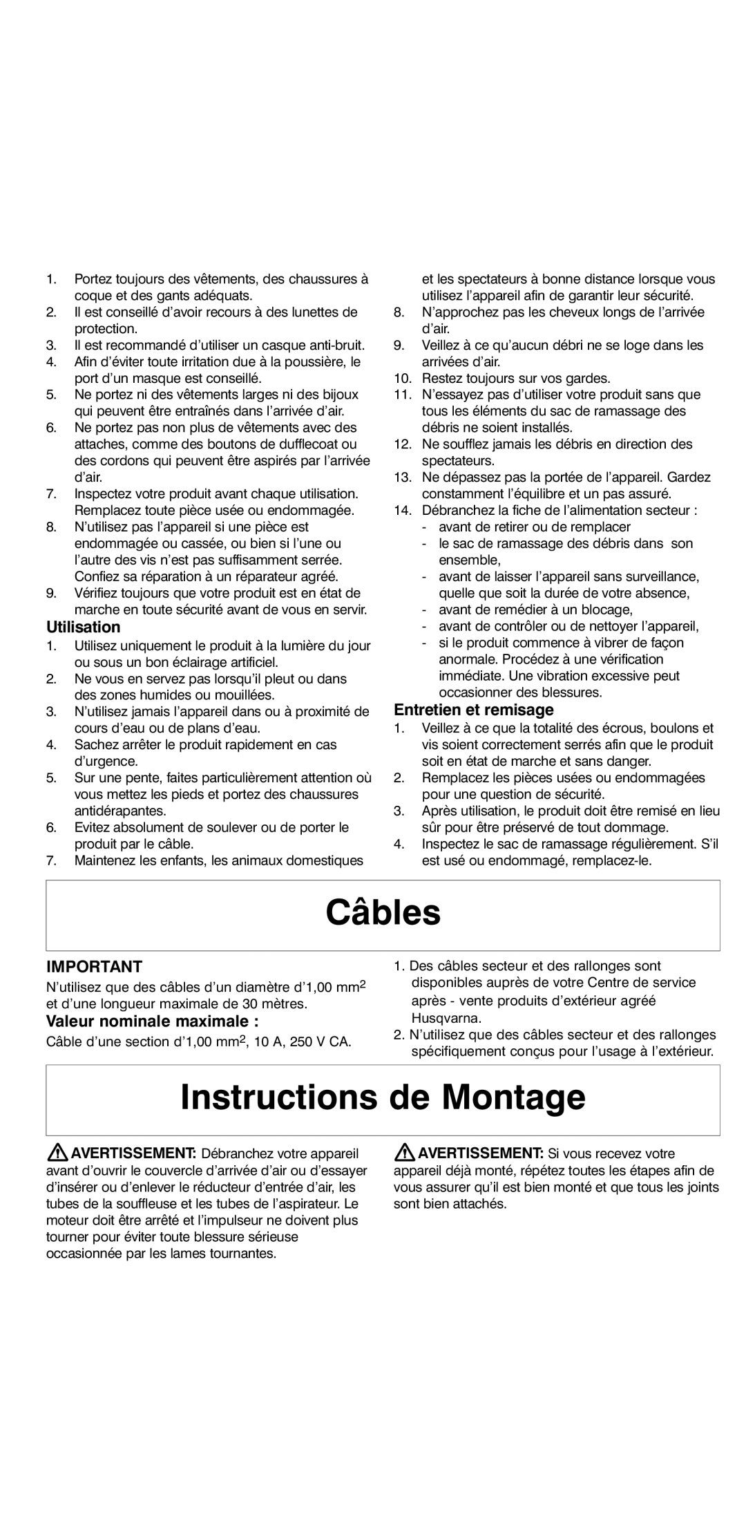 Flymo 2000 instruction manual Câbles, Instructions de Montage, Utilisation, Entretien et remisage, Valeur nominale maximale 