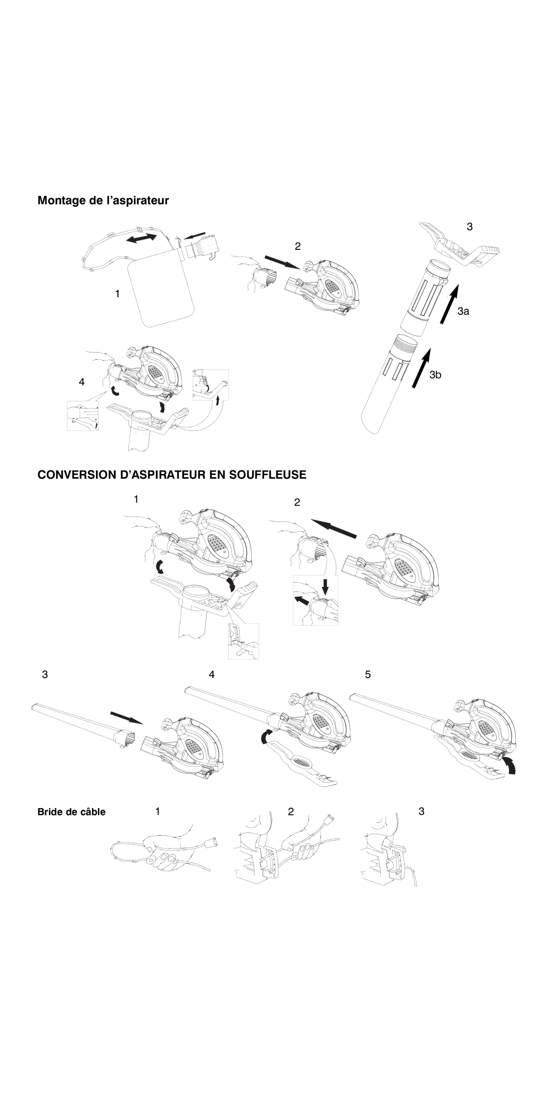 Flymo 2000 instruction manual Montage de l’aspirateur, Conversion D’ASPIRATEUR EN Souffleuse, Bride de câble 