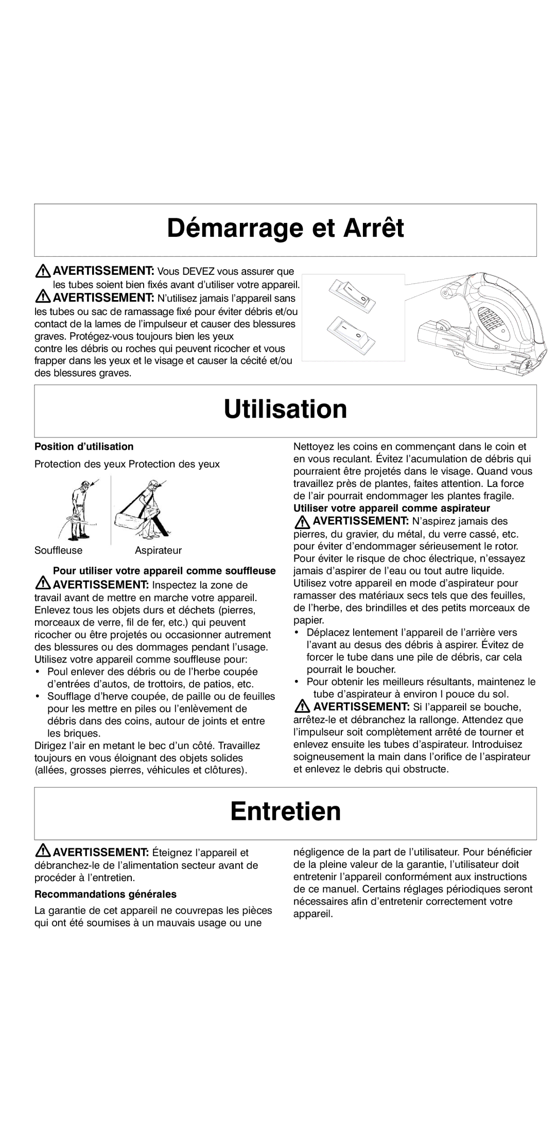 Flymo 2000 instruction manual Démarrage et Arrêt, Utilisation, Entretien 