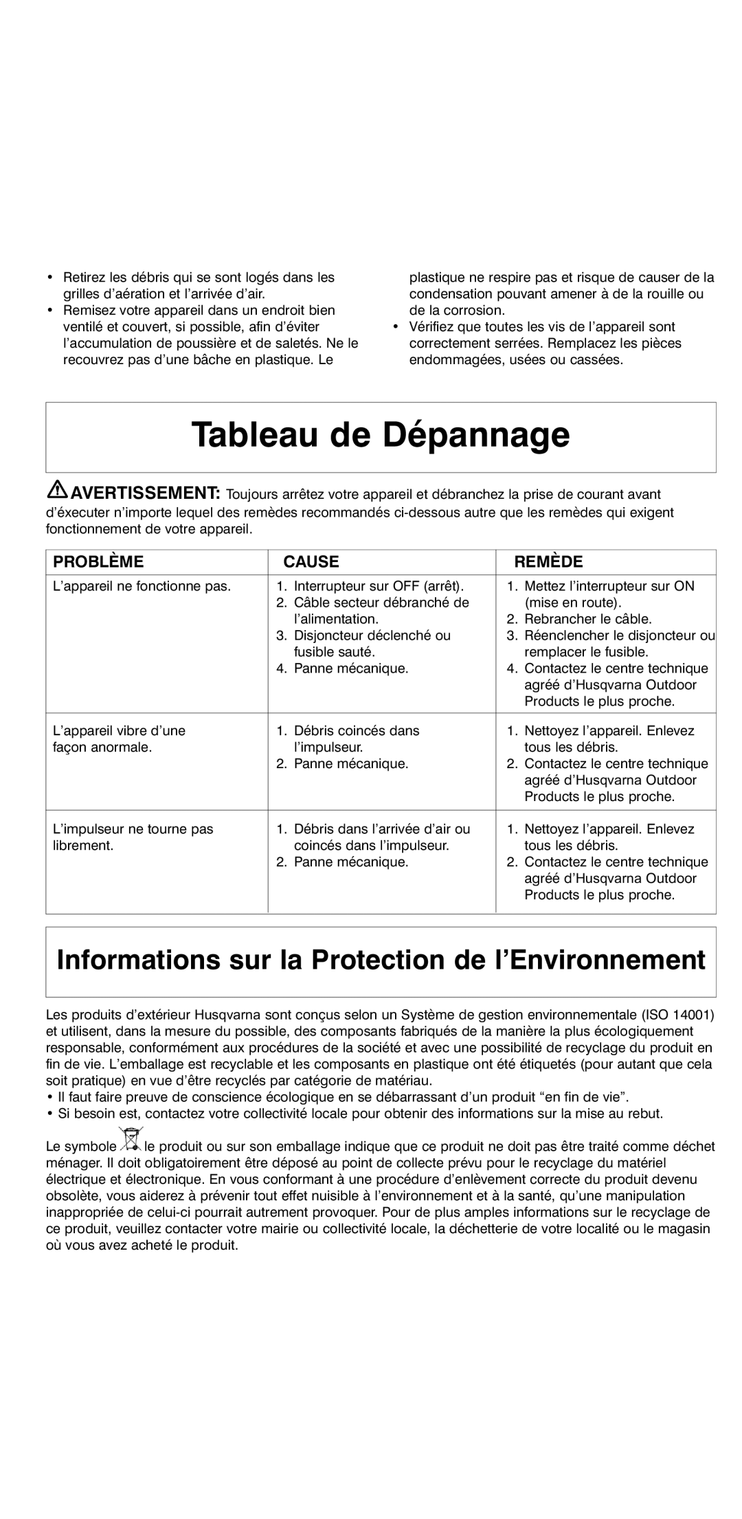 Flymo 2000 instruction manual Tableau de Dépannage, Problème Cause Remède 