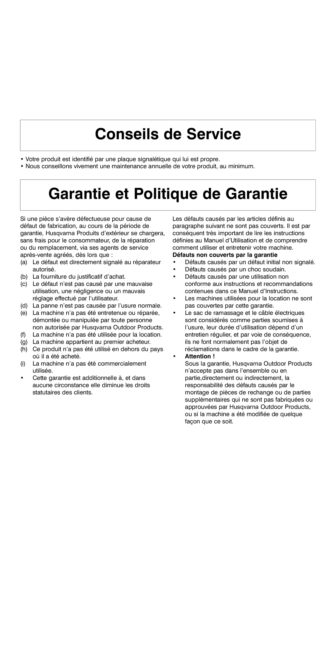 Flymo 2000 instruction manual Conseils de Service, Garantie et Politique de Garantie, Défauts non couverts par la garantie 