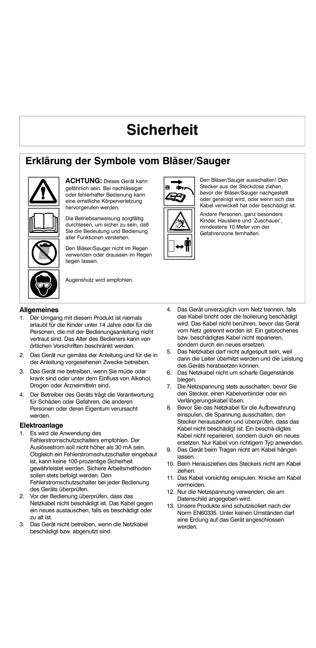 Flymo 2000 instruction manual Sicherheit, Allgemeines, Elektroanlage 