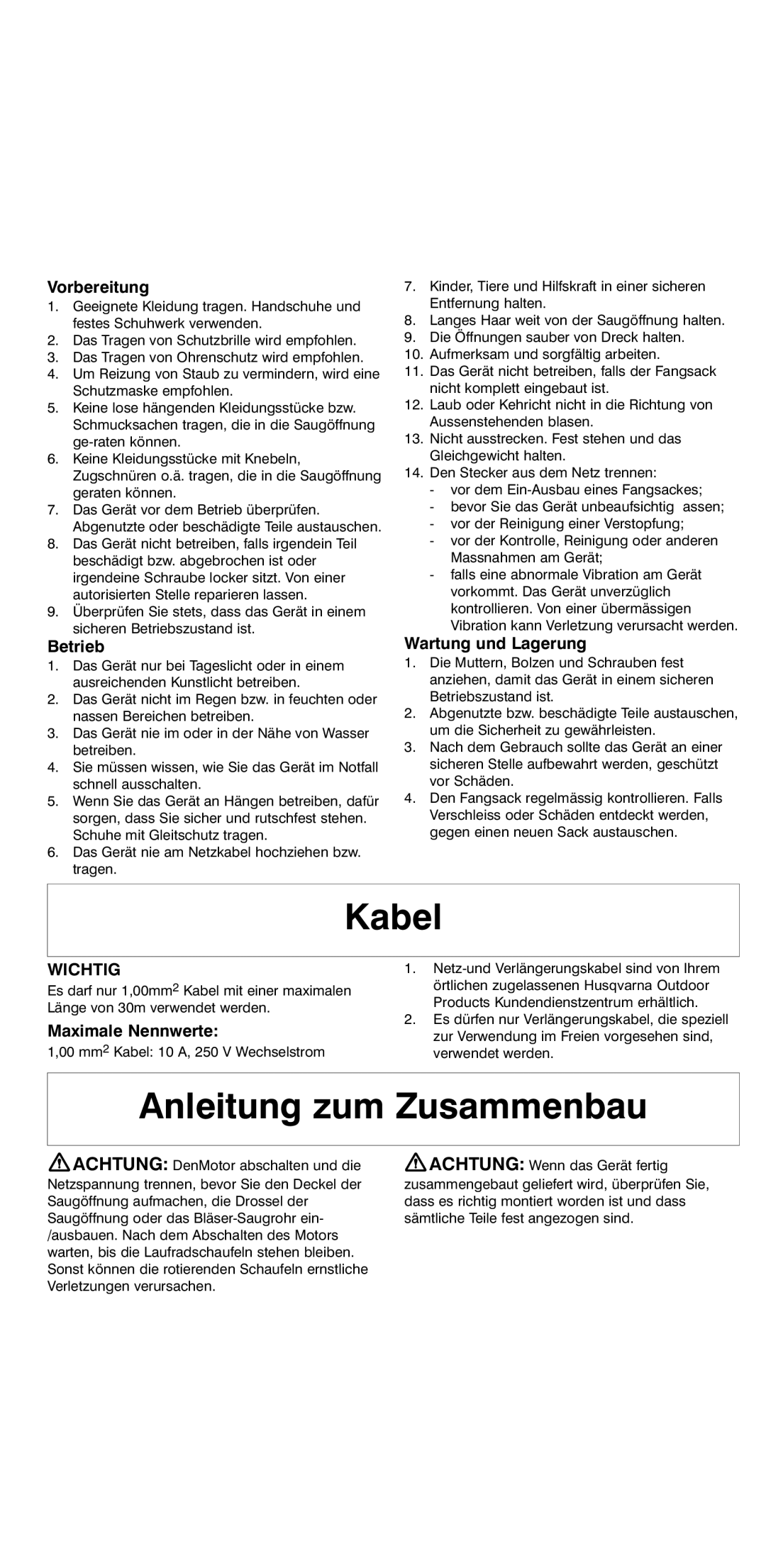 Flymo 2000 instruction manual Kabel, Anleitung zum Zusammenbau, Wichtig 