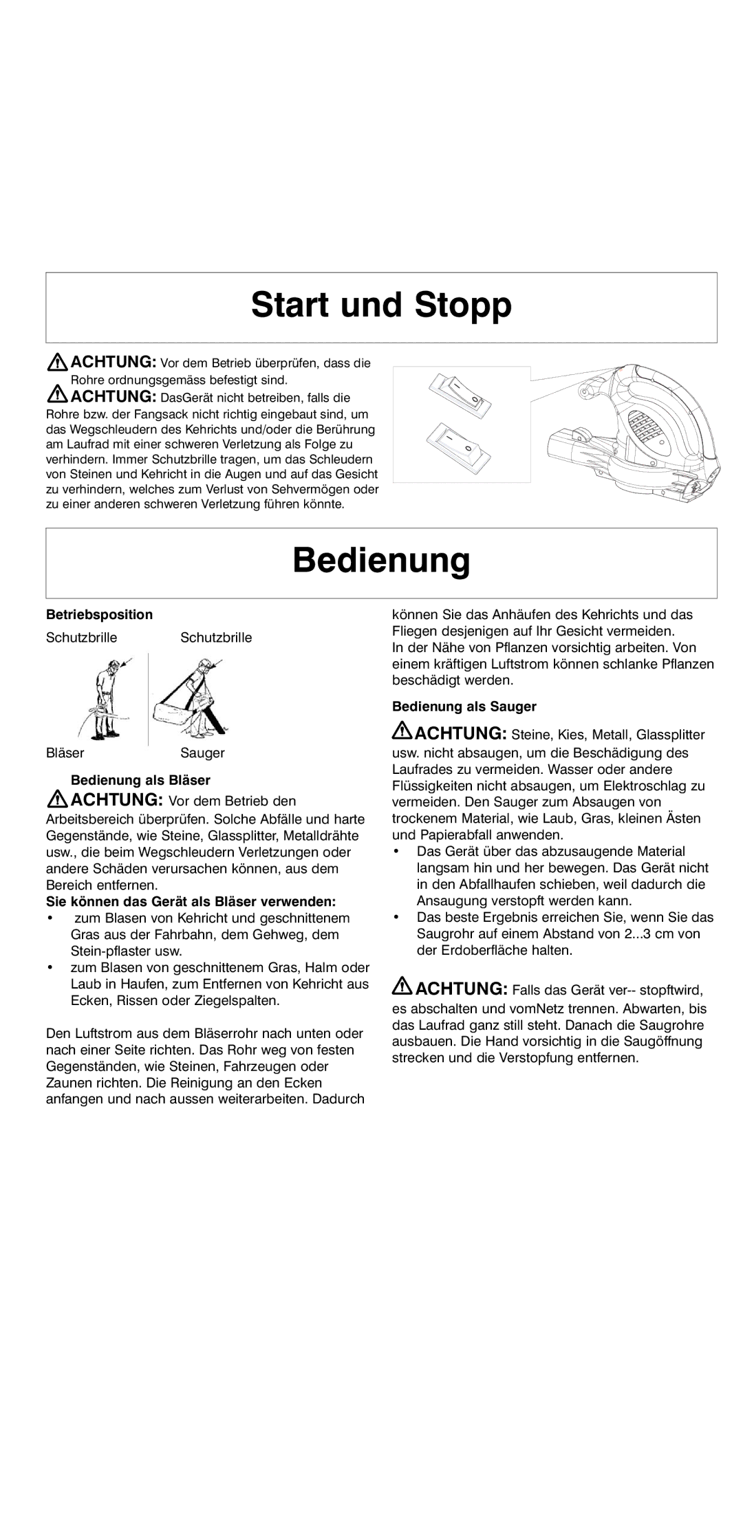 Flymo 2000 instruction manual Start und Stopp, Bedienung 