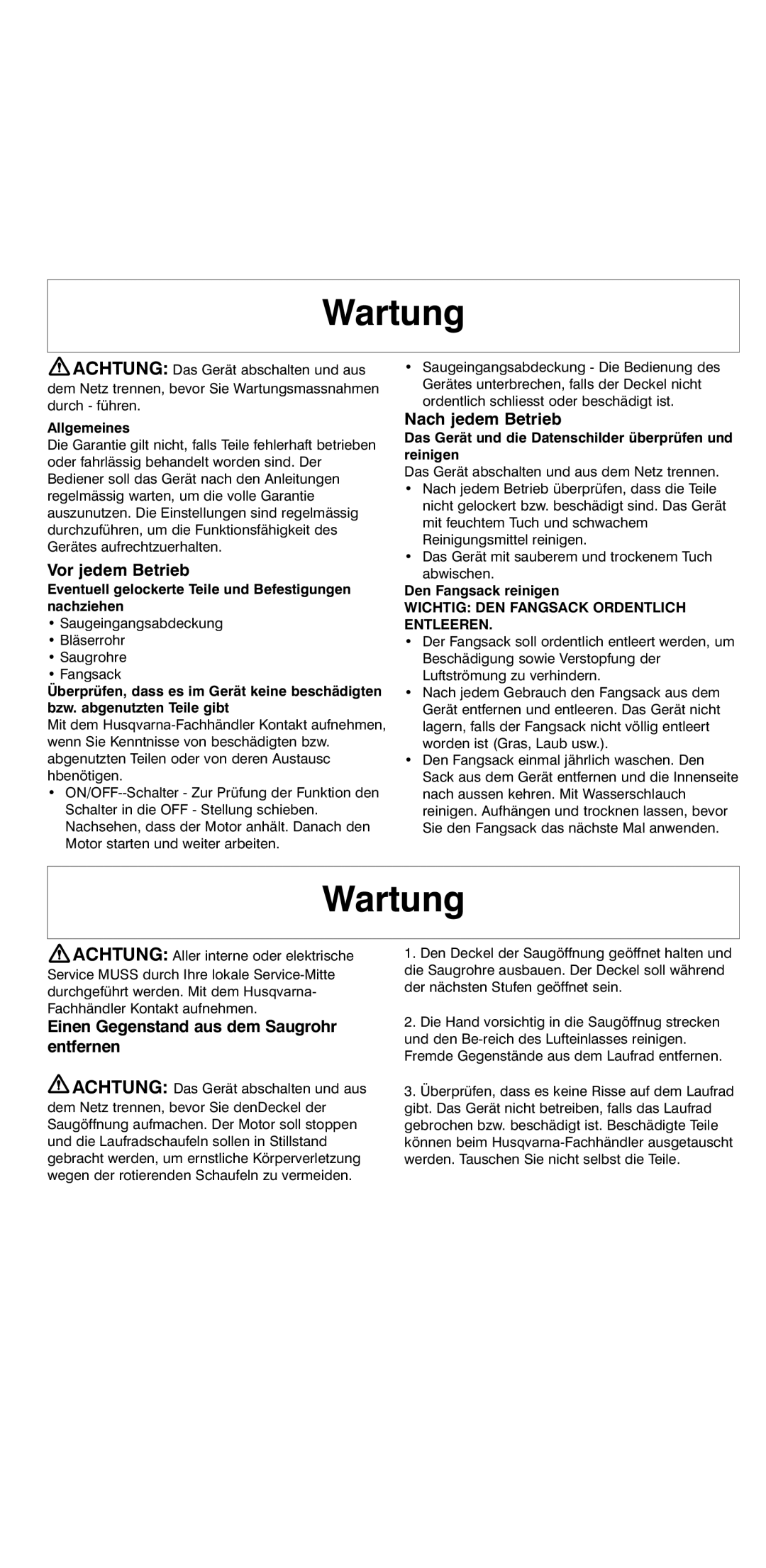 Flymo 2000 instruction manual Wartung, Vor jedem Betrieb, Nach jedem Betrieb, Einen Gegenstand aus dem Saugrohr entfernen 