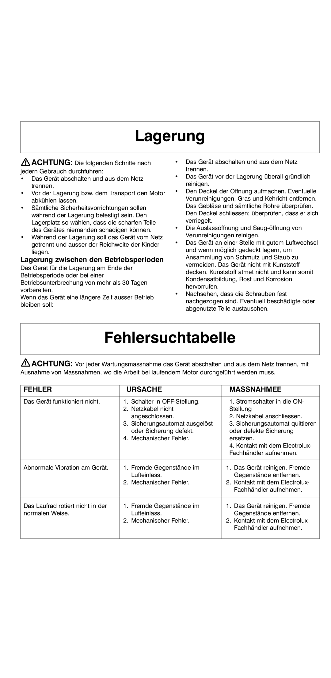 Flymo 2000 instruction manual Fehlersuchtabelle, Lagerung zwischen den Betriebsperioden, Fehler Ursache Massnahmee 