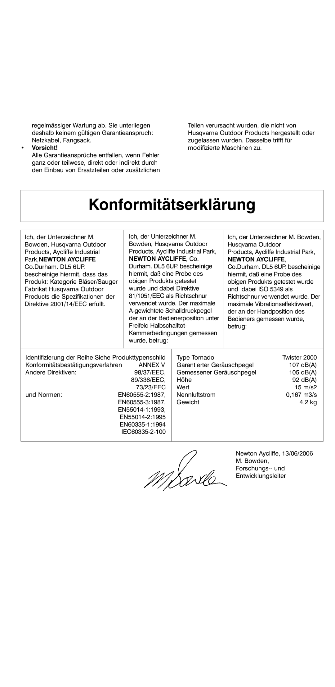 Flymo 2000 instruction manual Konformitätserklärung, Vorsicht, Andere Direktiven 98/37/EEC, Und Normen, Type Tornado 