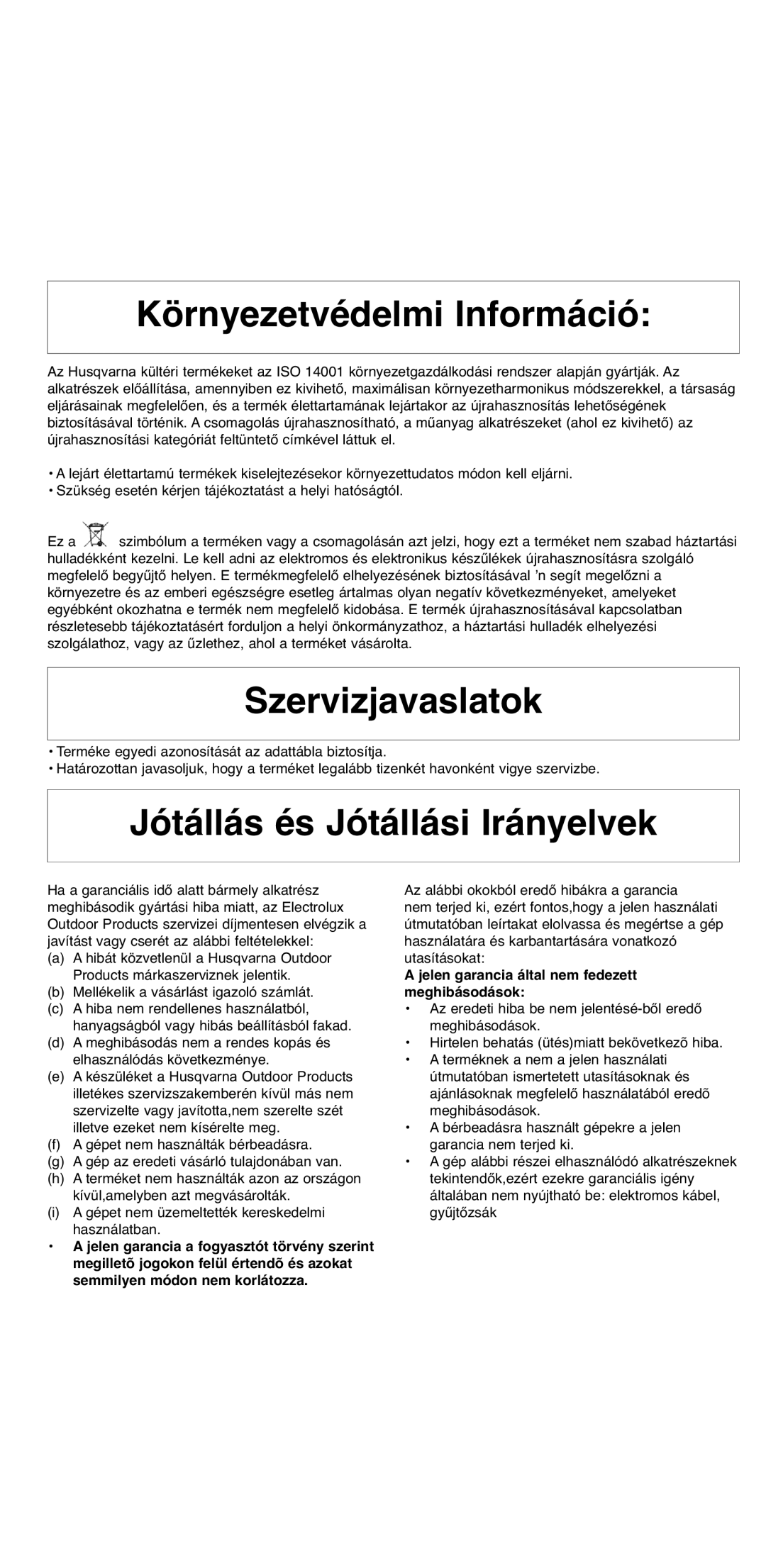 Flymo 2000 instruction manual Környezetvédelmi Információ, Szervizjavaslatok, Jótállás és Jótállási Irányelvek 