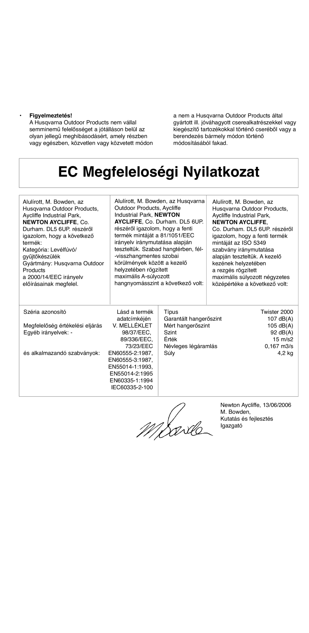 Flymo 2000 instruction manual EC Megfeleloségi Nyilatkozat, Figyelmeztetés, Melléklet, Típus 