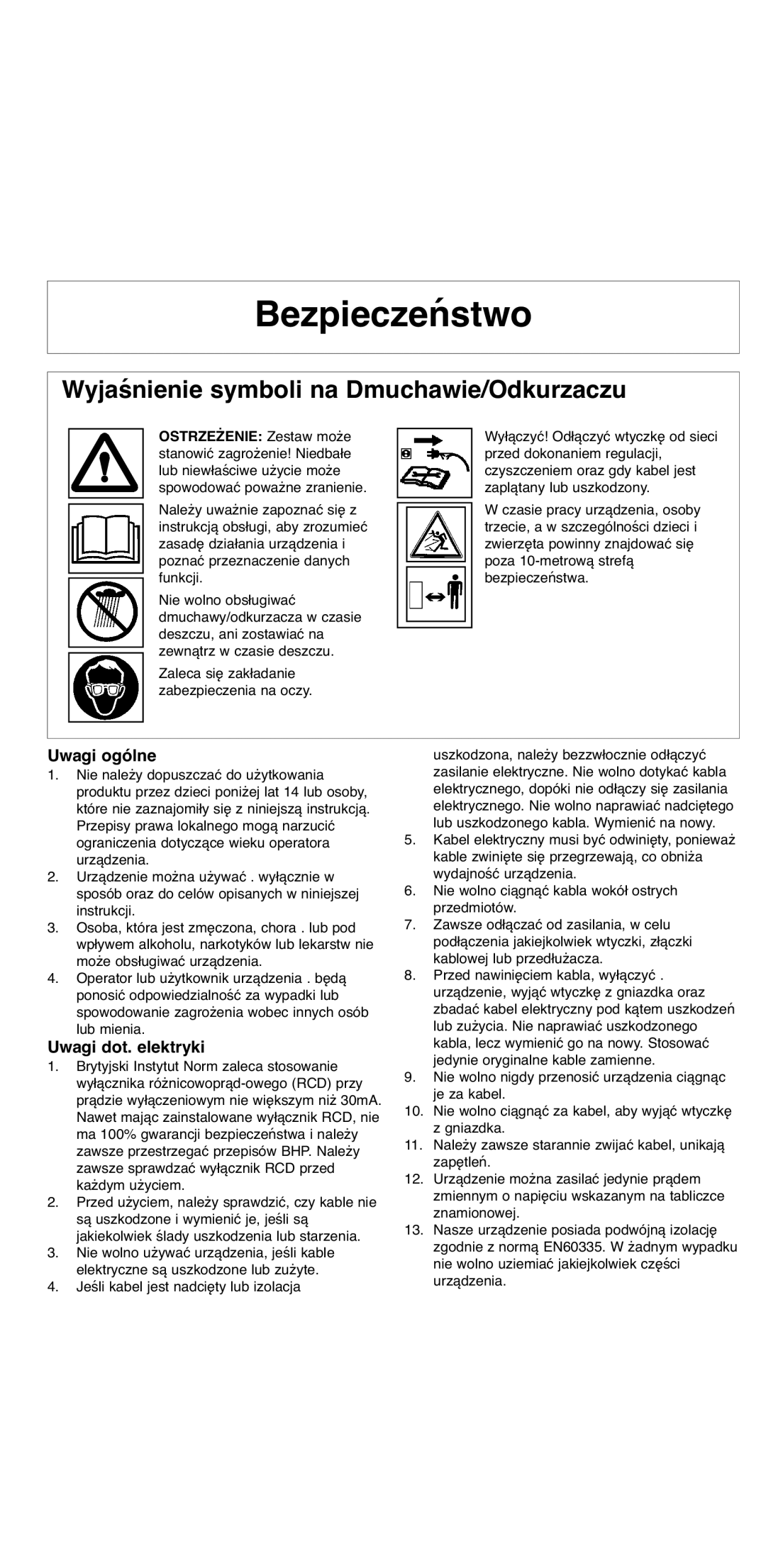 Flymo 2000 instruction manual Bezpieczeństwo, Uwagi ogólne, Uwagi dot. elektryki, Jeśli kabel jest nadcięty lub izolacja 