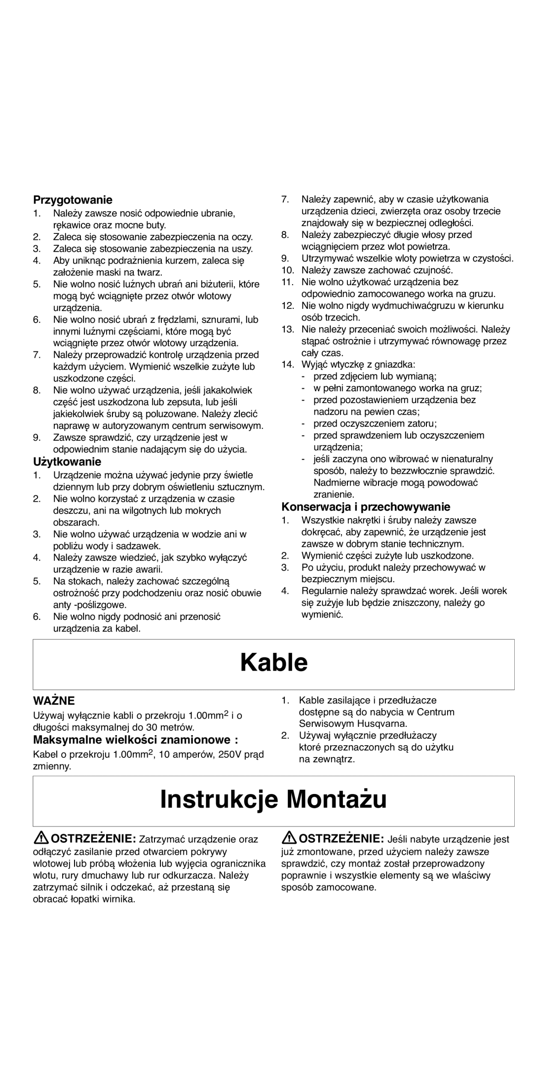 Flymo 2000 instruction manual Kable, Instrukcje Montażu, Ważne 