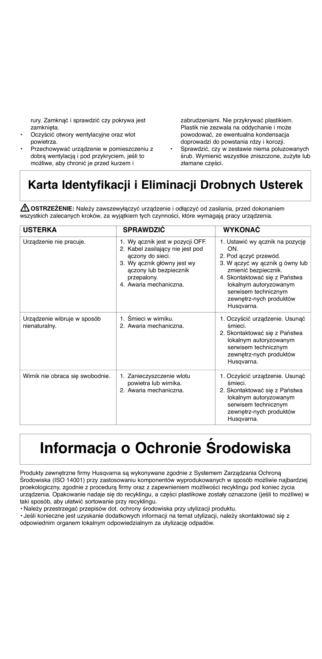 Flymo 2000 instruction manual Informacja o Ochronie Środowiska, Usterka Sprawdzić Wykonać 