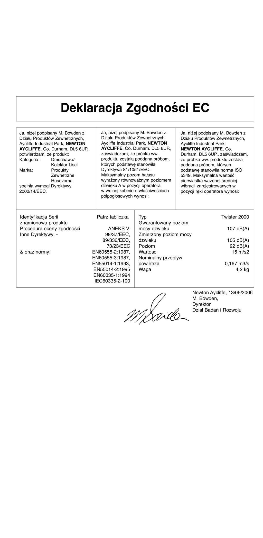 Flymo 2000 instruction manual Deklaracja Zgodności EC, Aneks 