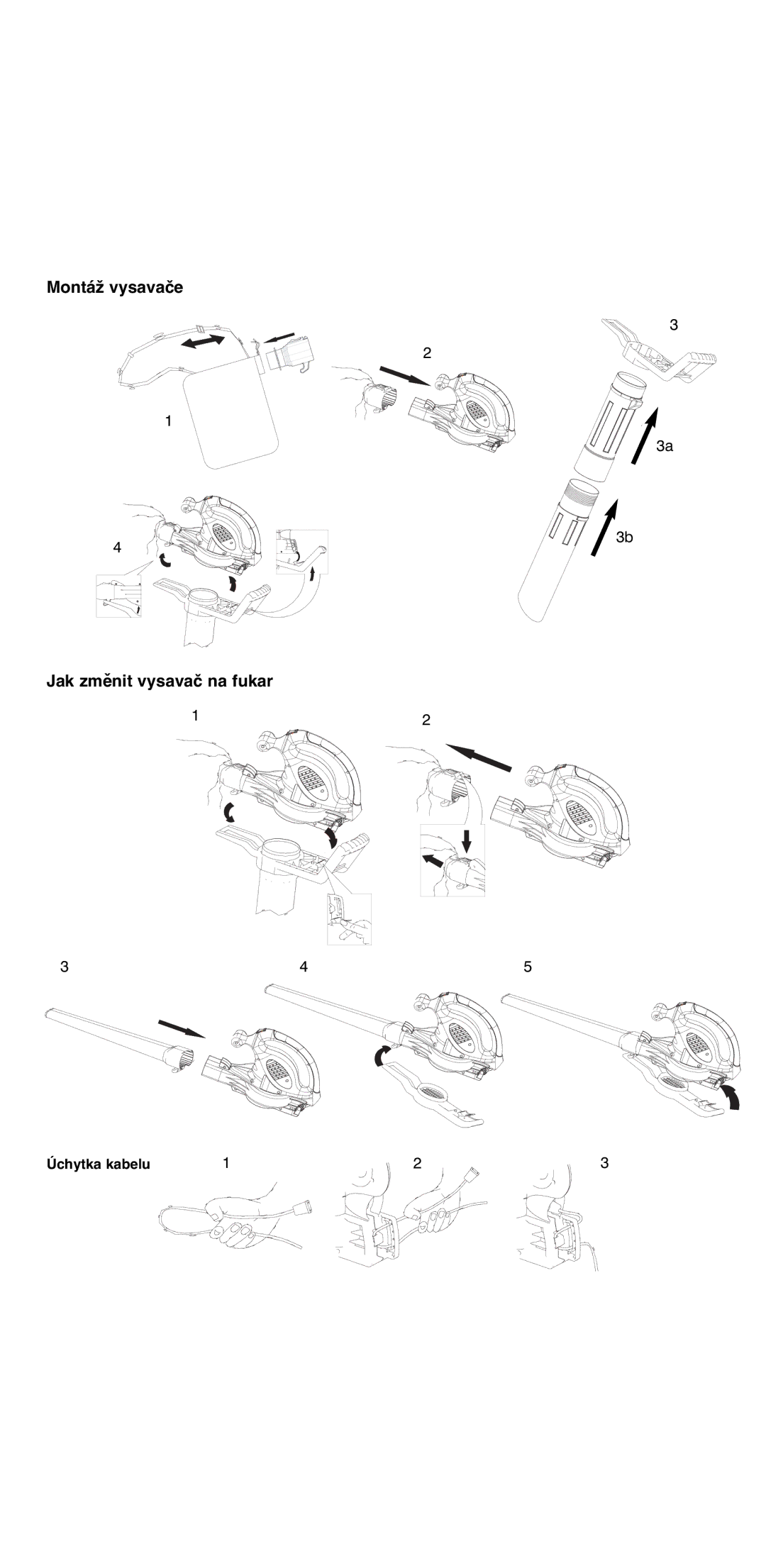 Flymo 2000 instruction manual Montáž vysavače Jak změnit vysavač na fukar, Úchytka kabelu 