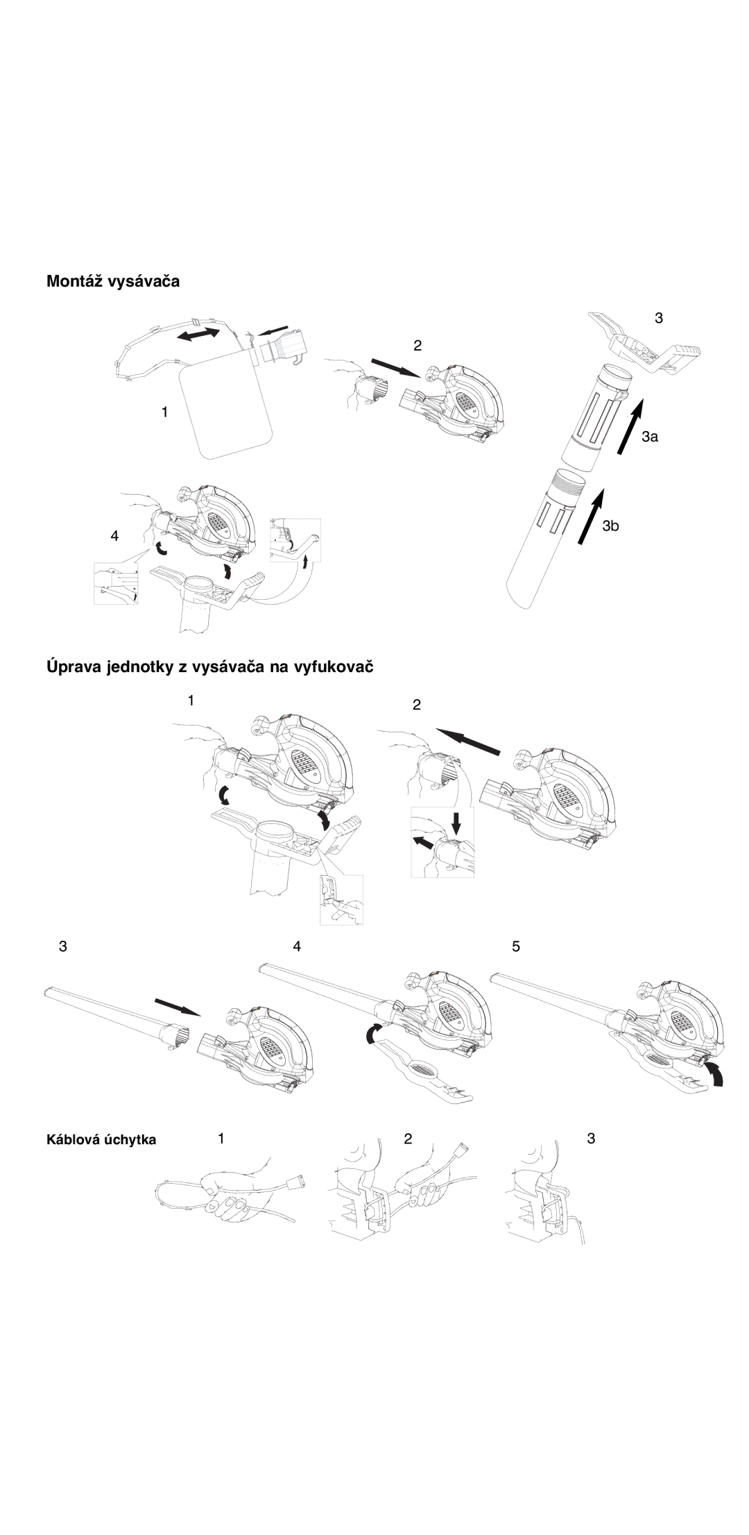 Flymo 2000 instruction manual Montáž vysávača Úprava jednotky z vysávača na vyfukovač, Káblová úchytka 