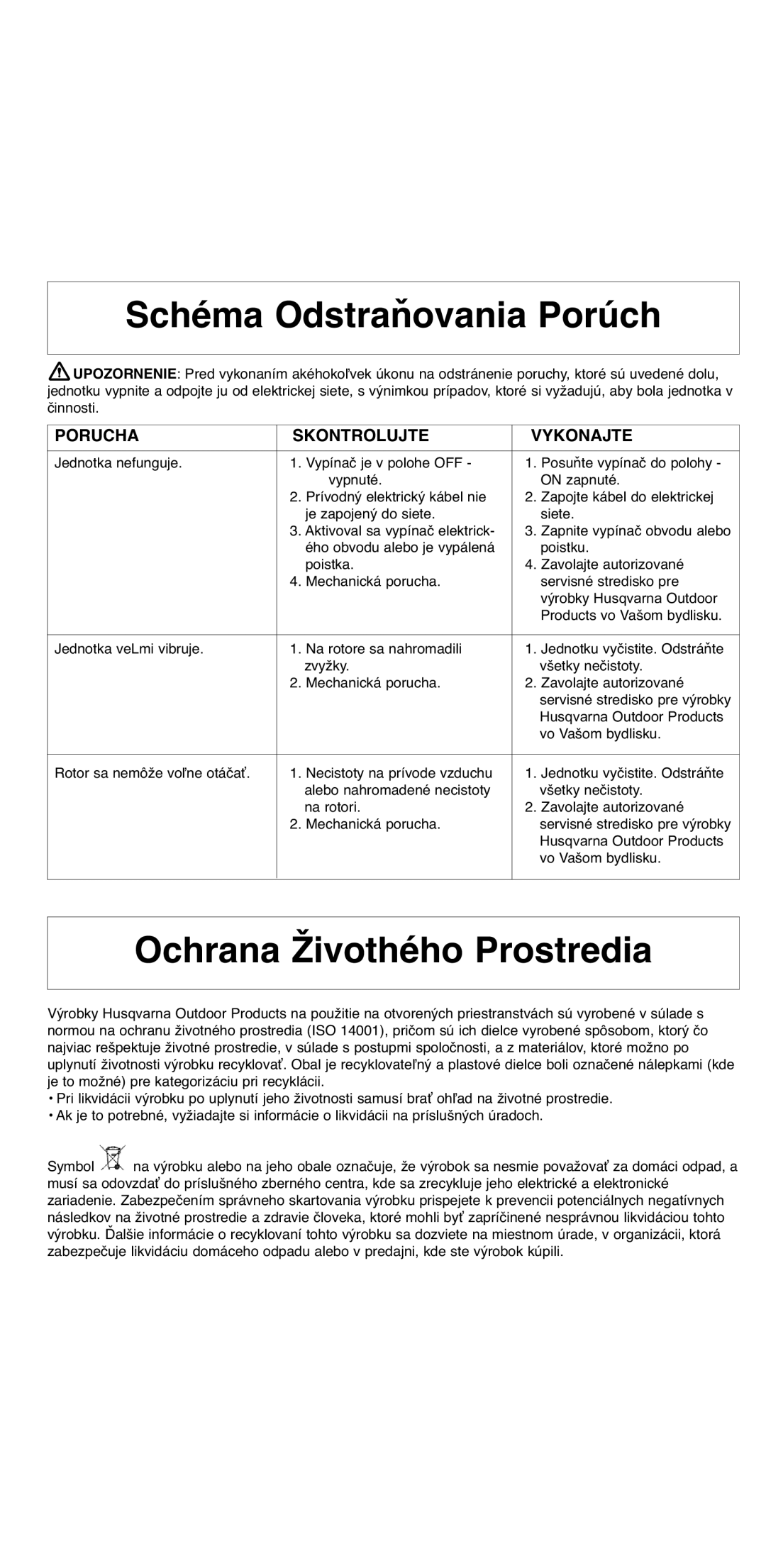 Flymo 2000 instruction manual Schéma Odstraňovania Porúch, Ochrana Živothého Prostredia, Porucha Skontrolujte Vykonajte 