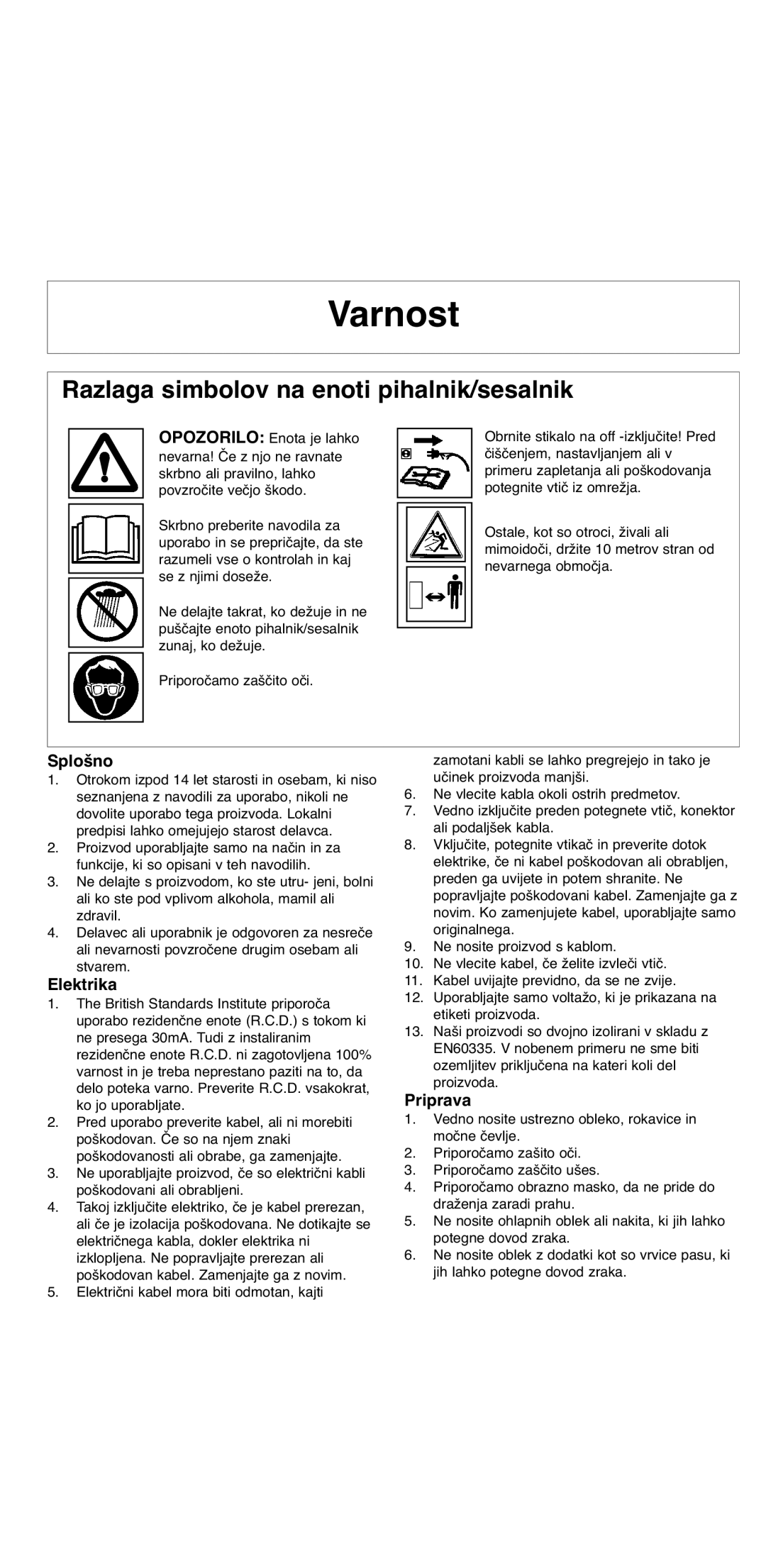 Flymo 2000 instruction manual Varnost, Splošno, Elektrika, Priprava, Priporočamo zaščito oči 